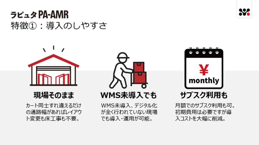 ラピュタPA-AMRは、現場レイアウトを変更せず導入でき、WMS未導入でも運用が可能で、月額料金でのサブスクで導入が行える。