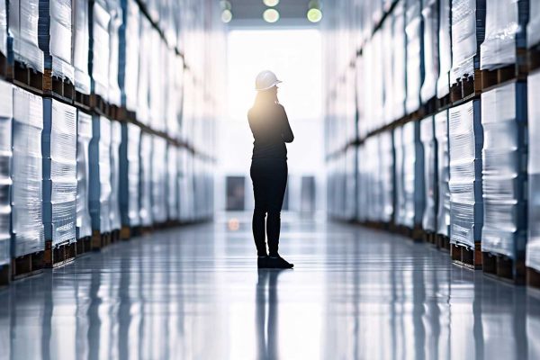 Against a backdrop of cargo in a warehouse, the silhouette of a