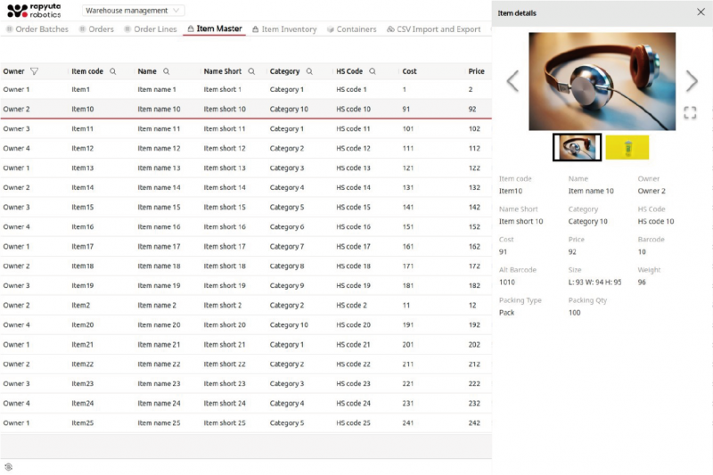 List view of Rapyuta ASRS WMS